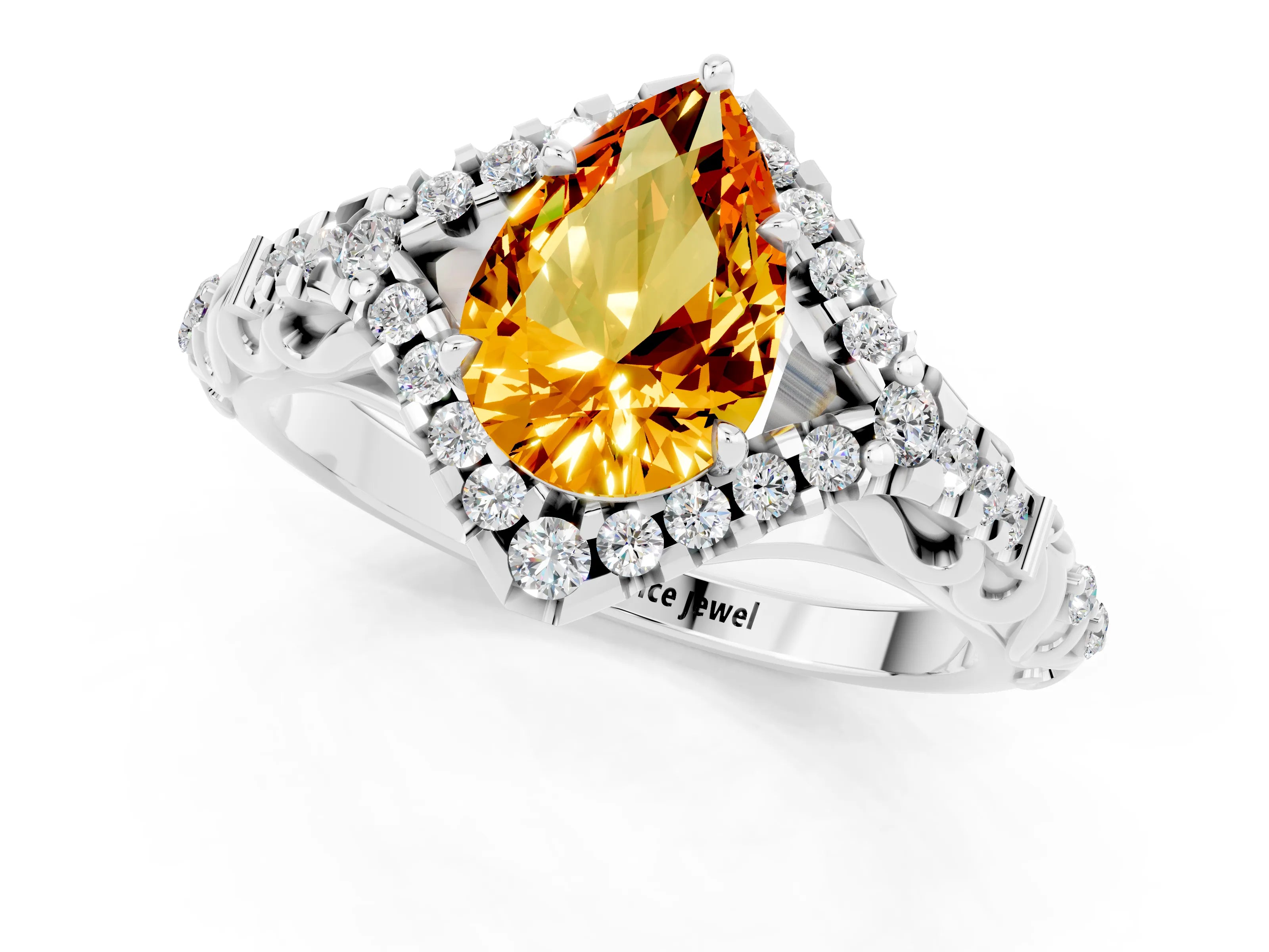 White gold Pear Cut Citrine Solitaire Ring with Hidden Halo and Pavé Band_13