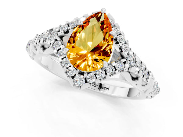 White gold Pear Cut Citrine Solitaire Ring with Hidden Halo and Pavé Band
