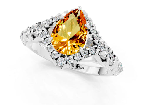 White gold Pear Cut Citrine Solitaire Ring with Hidden Halo and Pavé Band_13