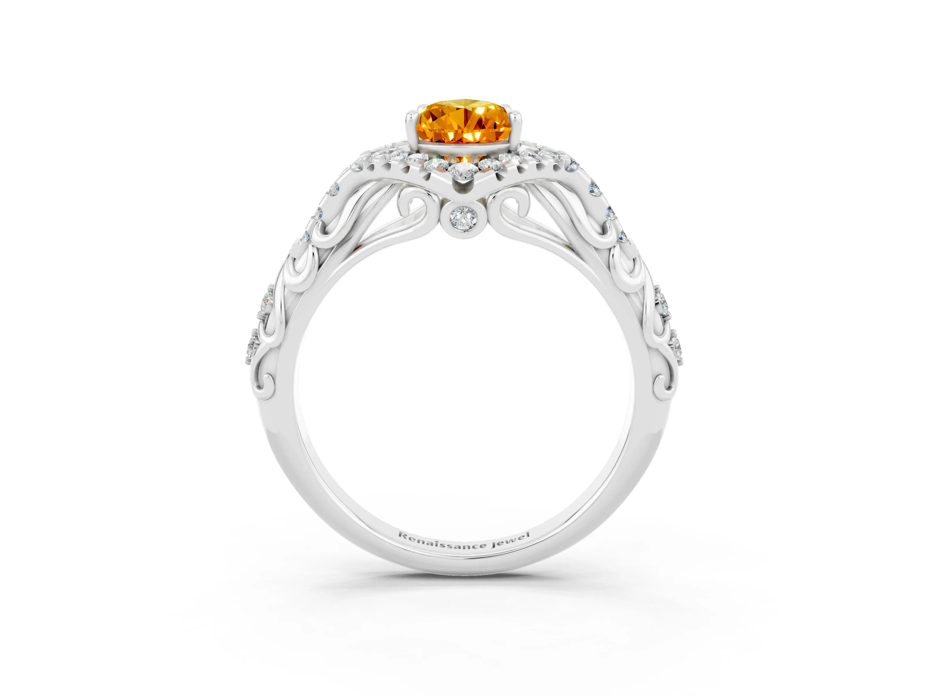 White gold Pear Cut Citrine Solitaire Ring with Hidden Halo and Pavé Band_15