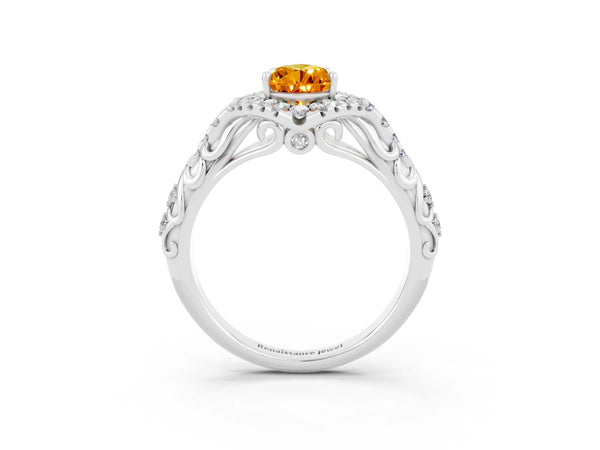 White gold Pear Cut Citrine Solitaire Ring with Hidden Halo and Pavé Band