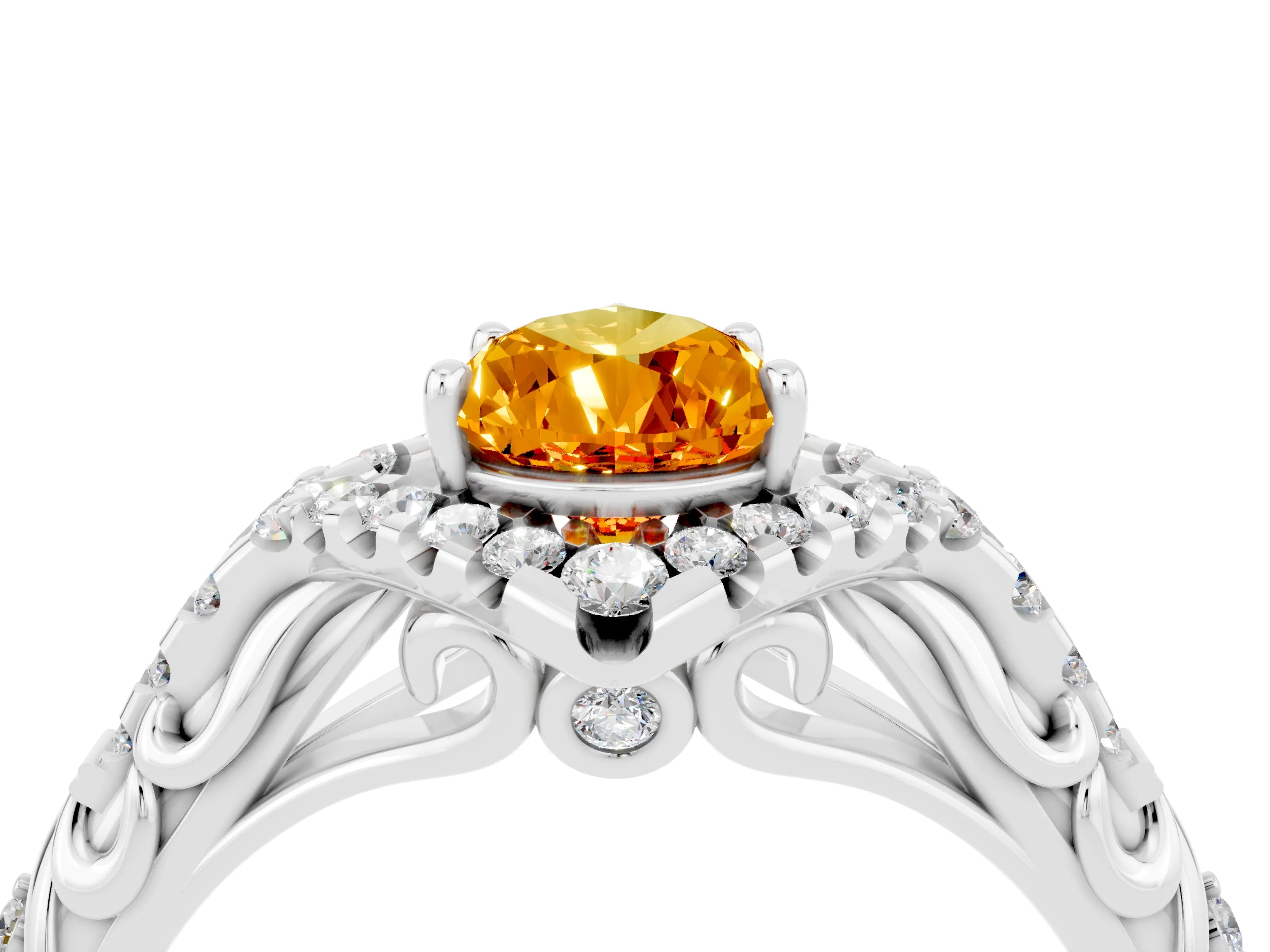 White gold Pear Cut Citrine Solitaire Ring with Hidden Halo and Pavé Band_16