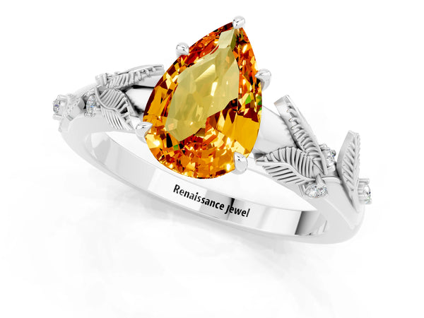 Platinum Pear Cut Citrine Solitaire Ring with Leaf Motif Band and Four-Prong Setting