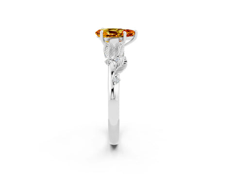 White gold Pear Cut Citrine Solitaire Ring with Leaf Motif Band and Four-Prong Setting_14
