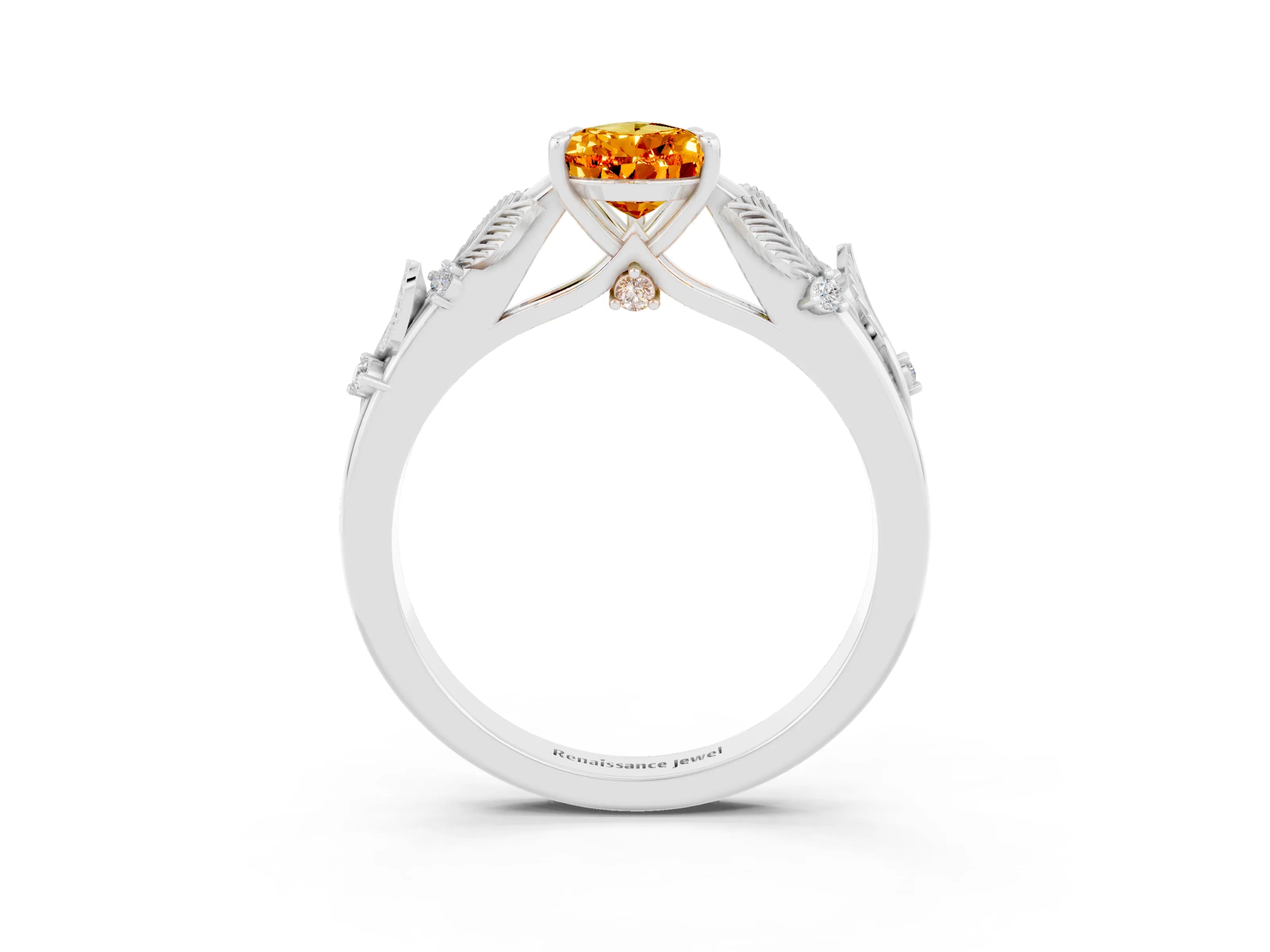 White gold Pear Cut Citrine Solitaire Ring with Leaf Motif Band and Four-Prong Setting_15
