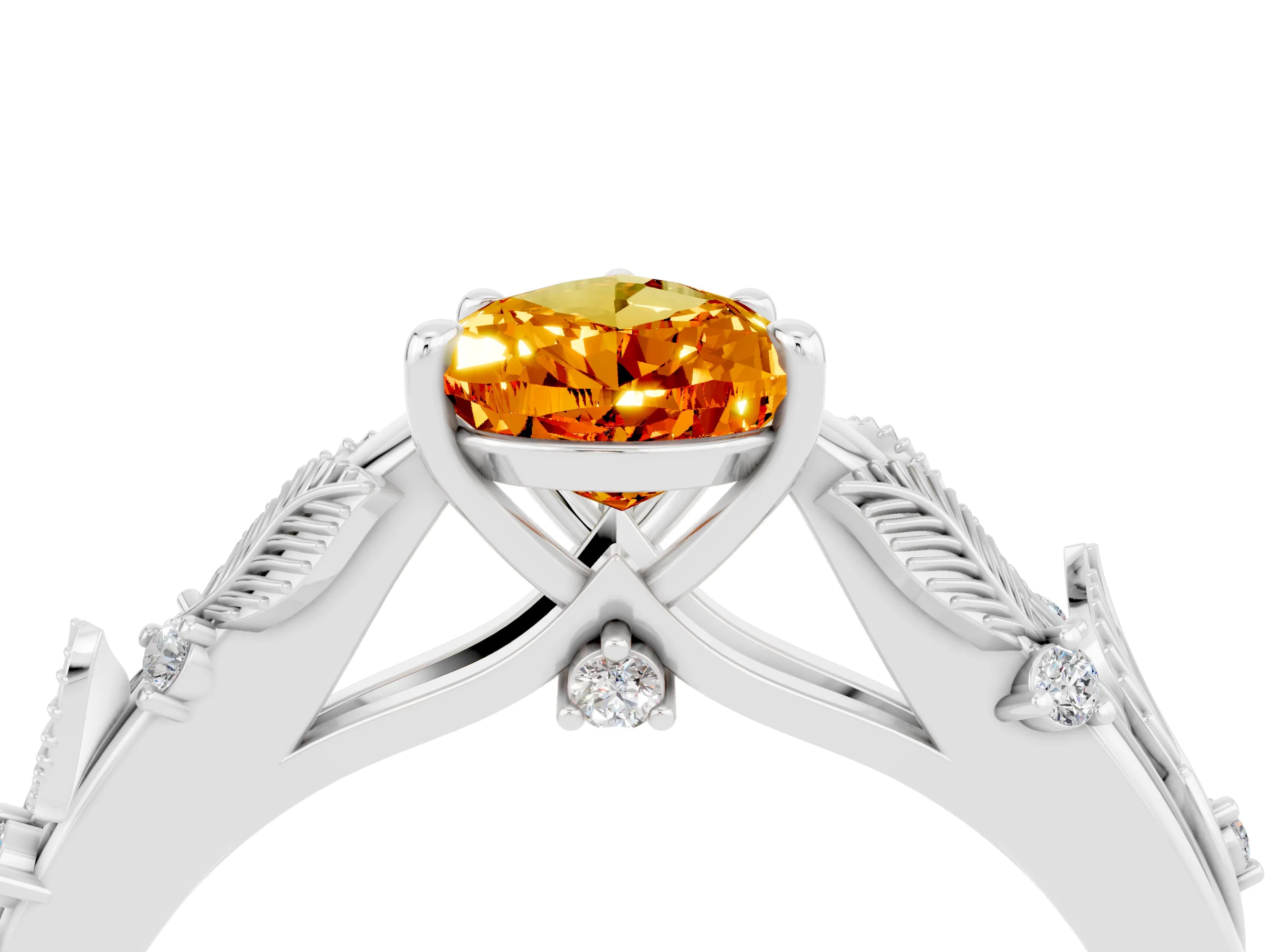 White gold Pear Cut Citrine Solitaire Ring with Leaf Motif Band and Four-Prong Setting_16