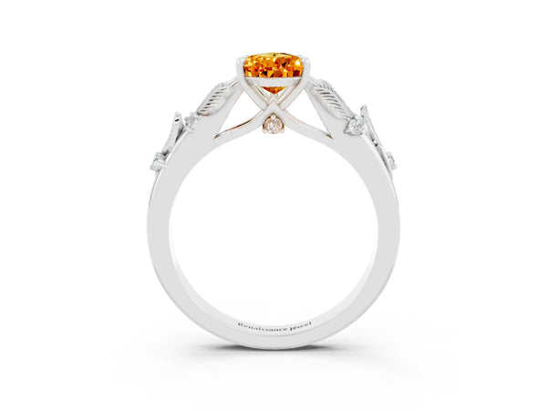 Silver Pear Cut Citrine Solitaire Ring with Leaf Motif Band and Four-Prong Setting