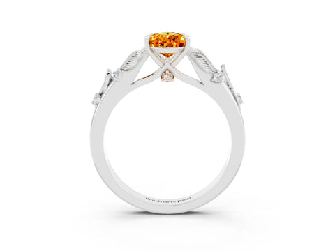 White gold Pear Cut Citrine Solitaire Ring with Leaf Motif Band and Four-Prong Setting_3
