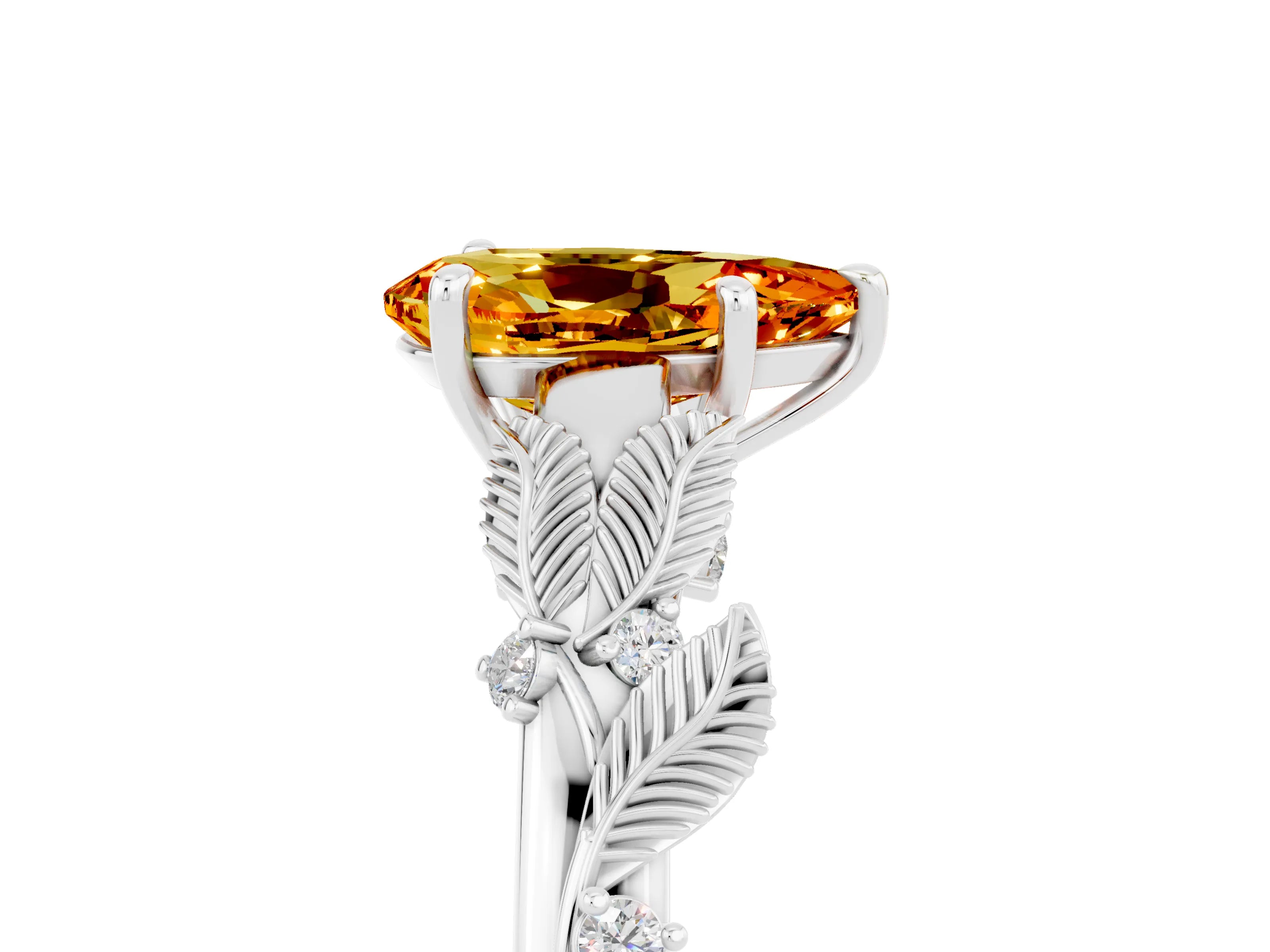 White gold Pear Cut Citrine Solitaire Ring with Leaf Motif Band and Four-Prong Setting_5