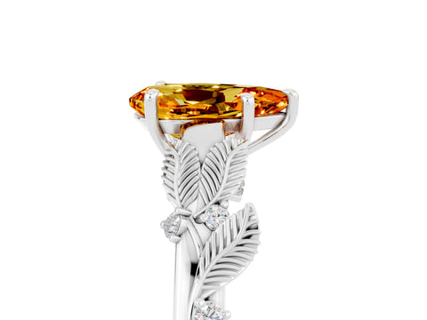 White gold Pear Cut Citrine Solitaire Ring with Leaf Motif Band and Four-Prong Setting_5