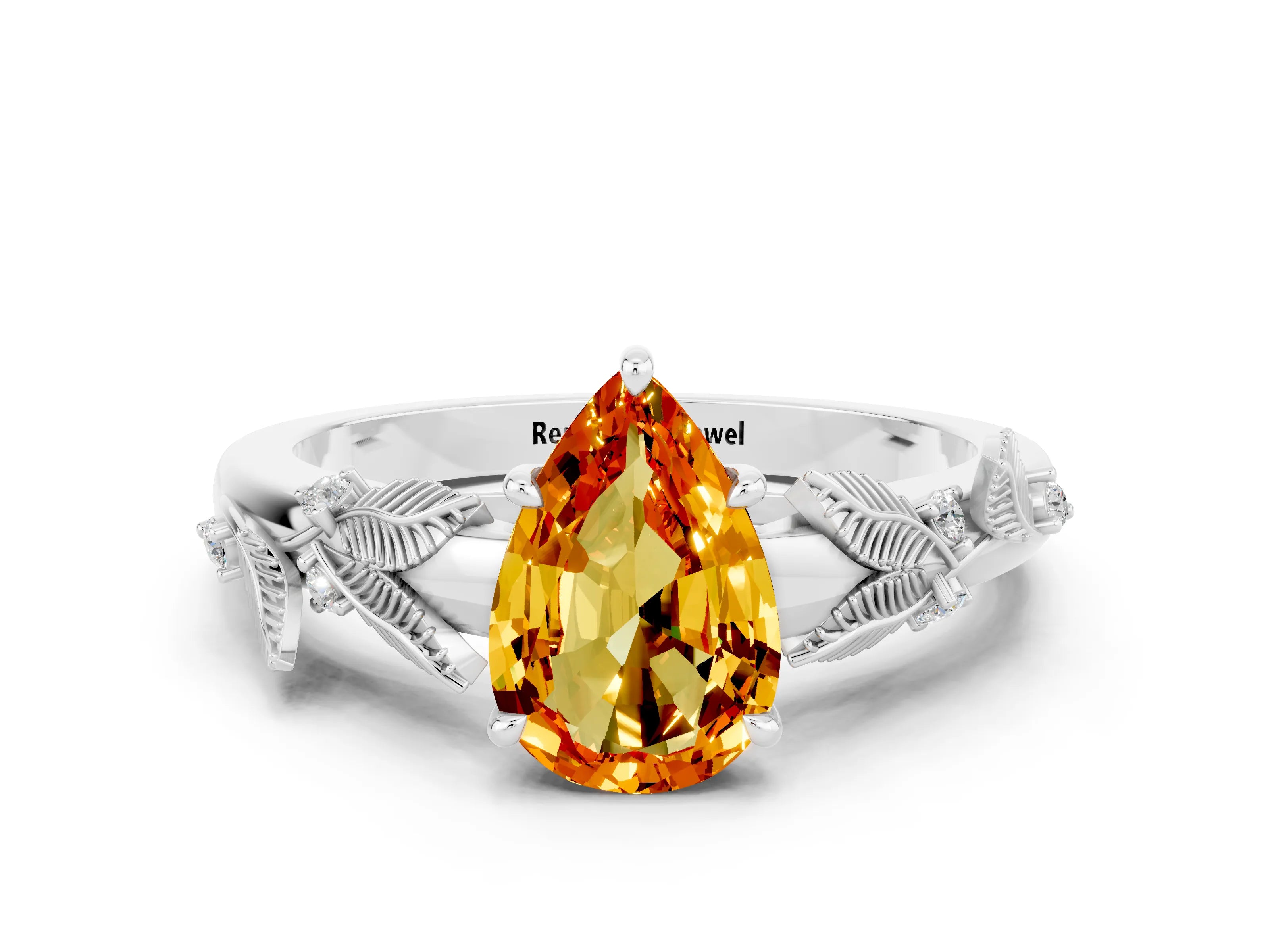 White gold Pear Cut Citrine Solitaire Ring with Leaf Motif Band and Four-Prong Setting