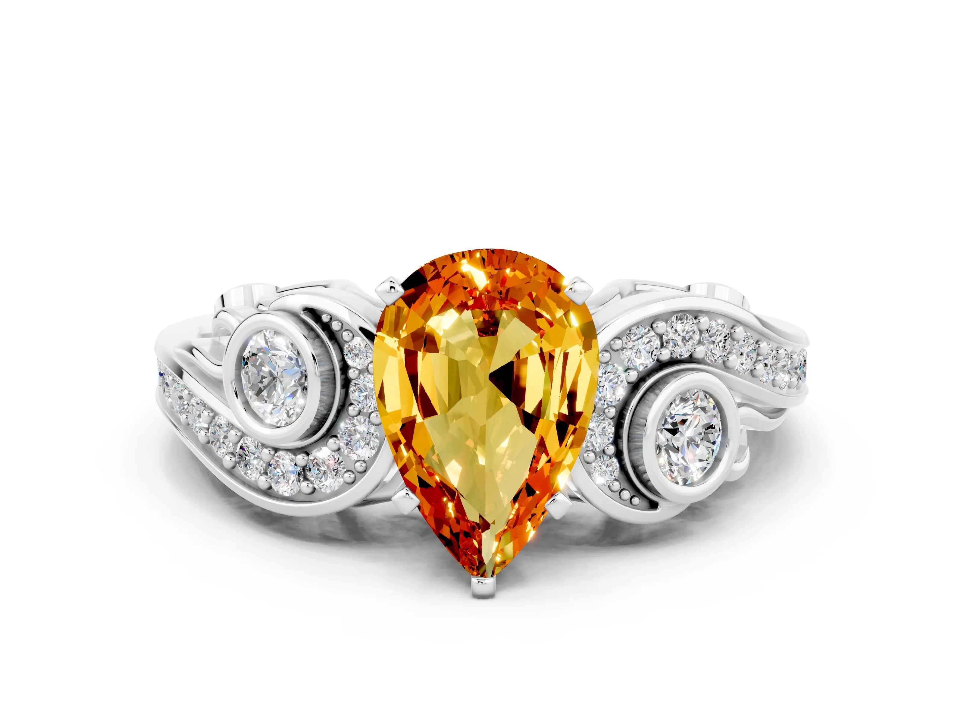 White gold Pear Cut Citrine Solitaire Ring with Milgrain Pavé Band and Four-Prong Setting_12