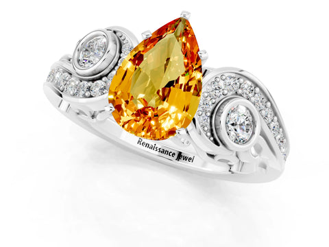 White gold Pear Cut Citrine Solitaire Ring with Milgrain Pavé Band and Four-Prong Setting_13