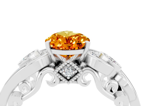 White gold Pear Cut Citrine Solitaire Ring with Milgrain Pavé Band and Four-Prong Setting_16