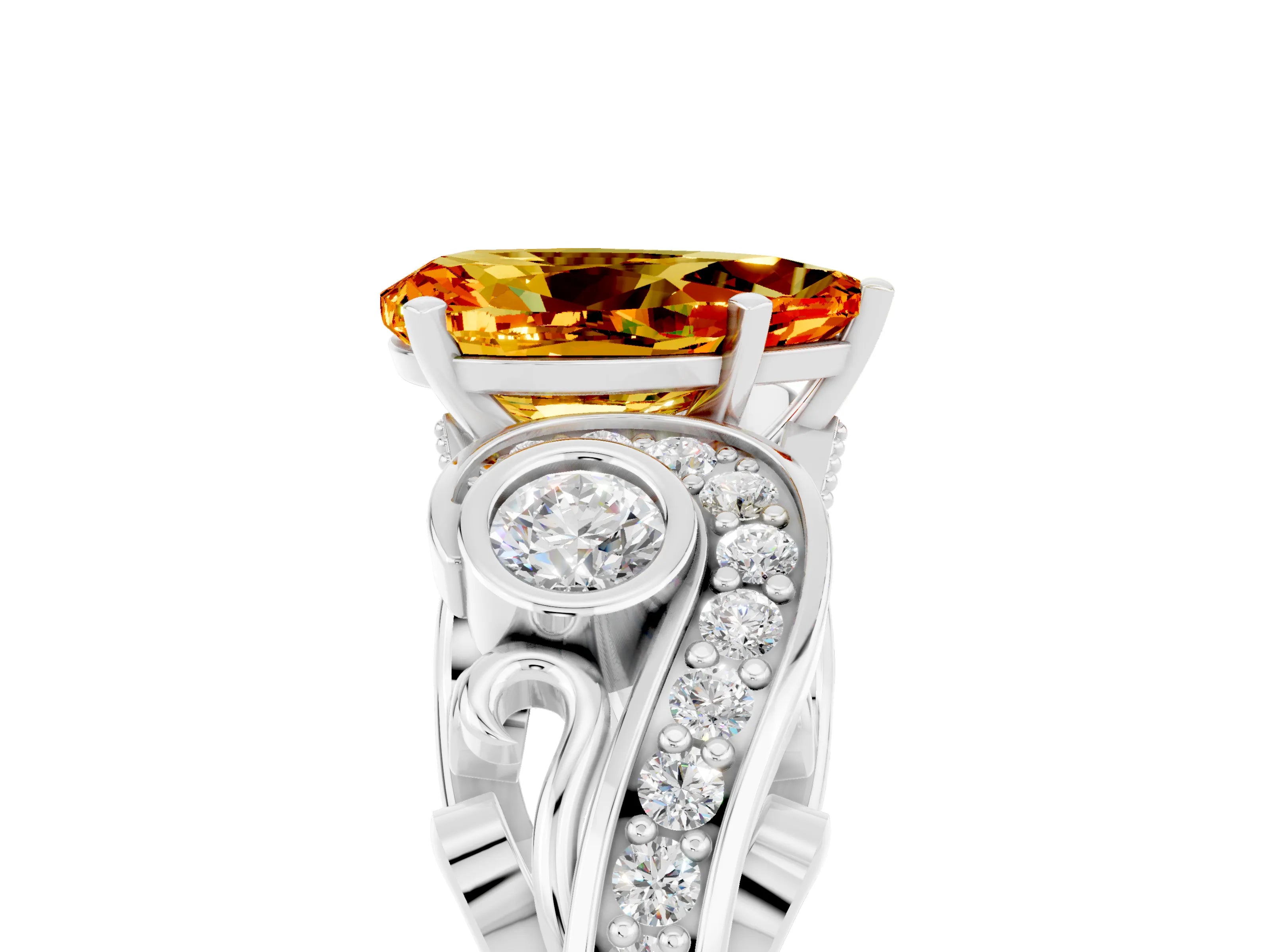 White gold Pear Cut Citrine Solitaire Ring with Milgrain Pavé Band and Four-Prong Setting_17