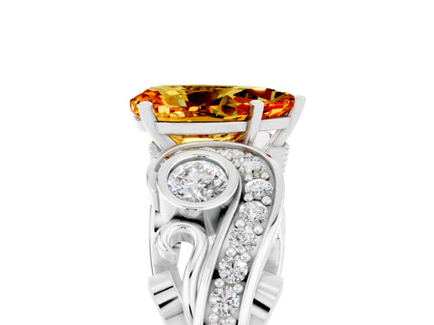 White gold Pear Cut Citrine Solitaire Ring with Milgrain Pavé Band and Four-Prong Setting_17