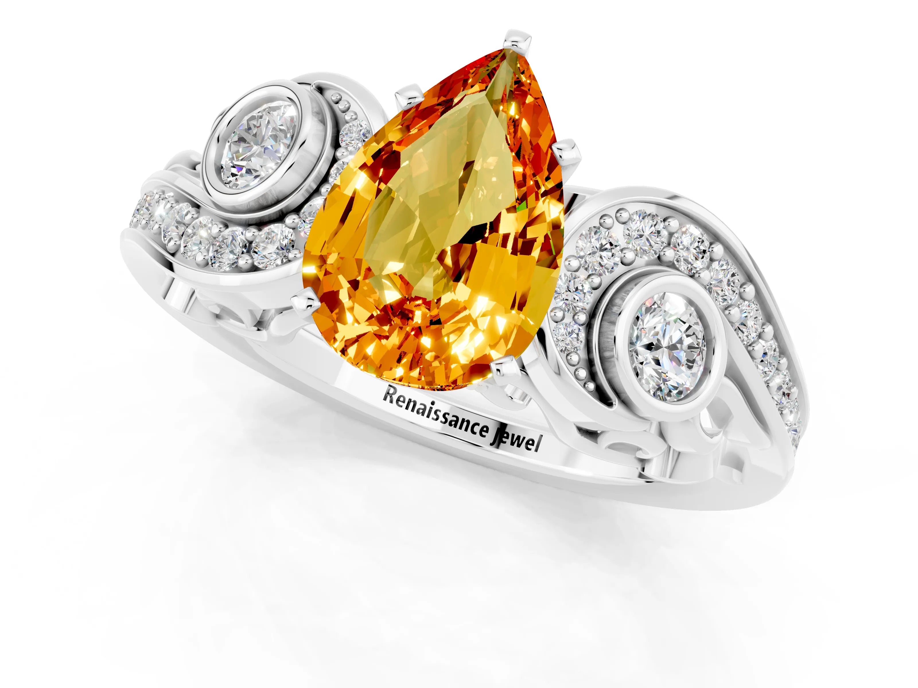 White gold Pear Cut Citrine Solitaire Ring with Milgrain Pavé Band and Four-Prong Setting_49