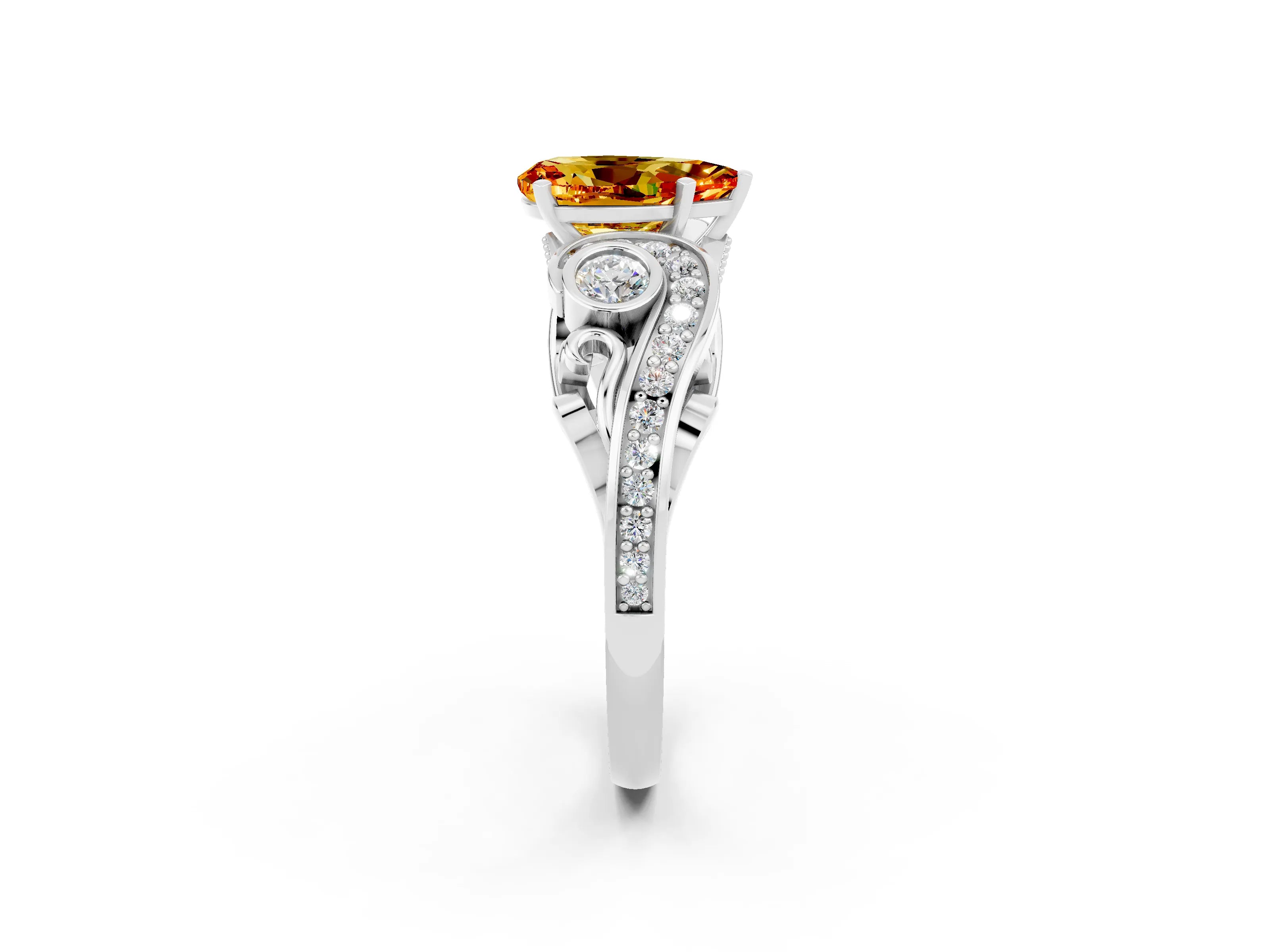White gold Pear Cut Citrine Solitaire Ring with Milgrain Pavé Band and Four-Prong Setting_50