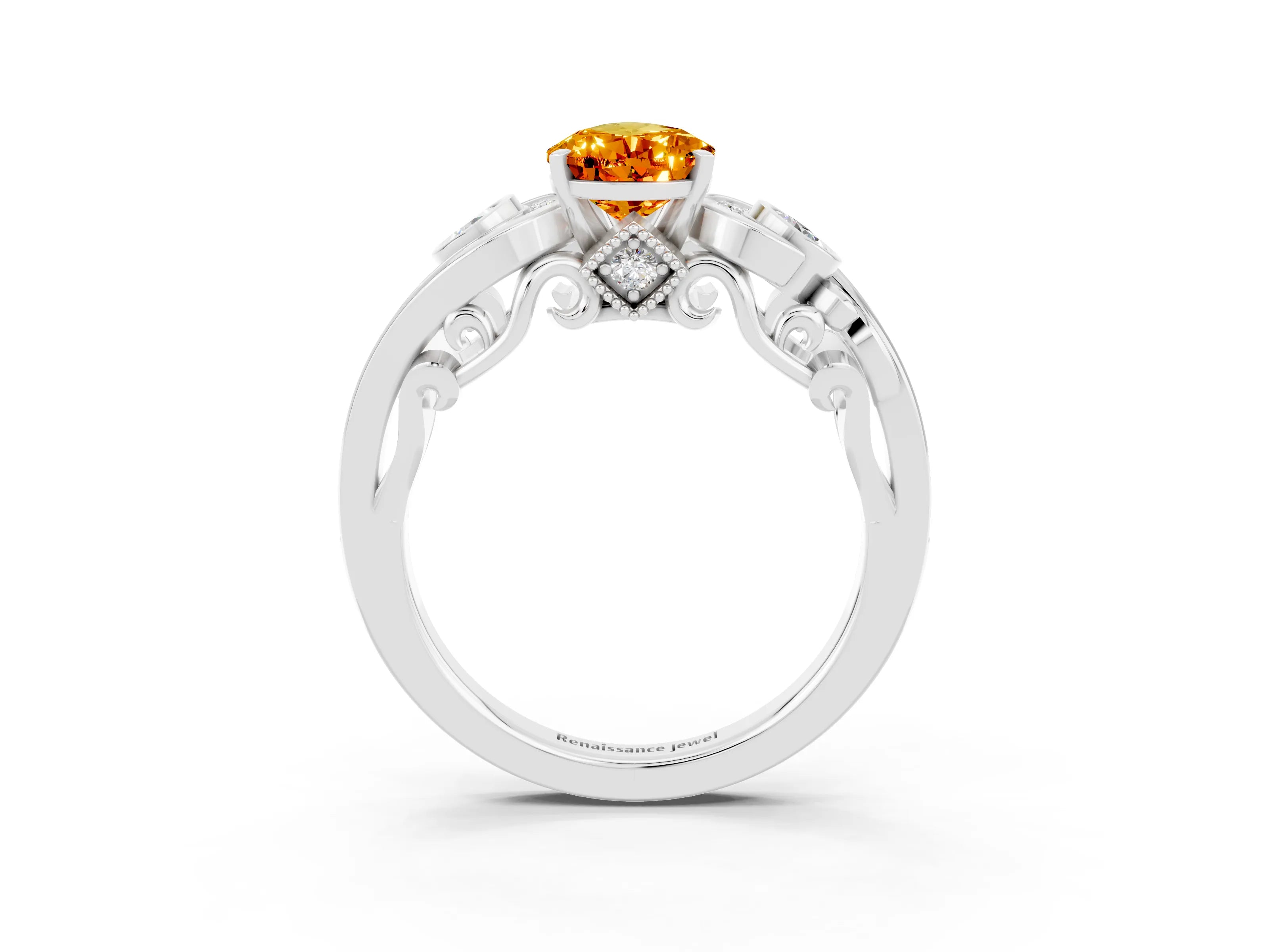 White gold Pear Cut Citrine Solitaire Ring with Milgrain Pavé Band and Four-Prong Setting_51