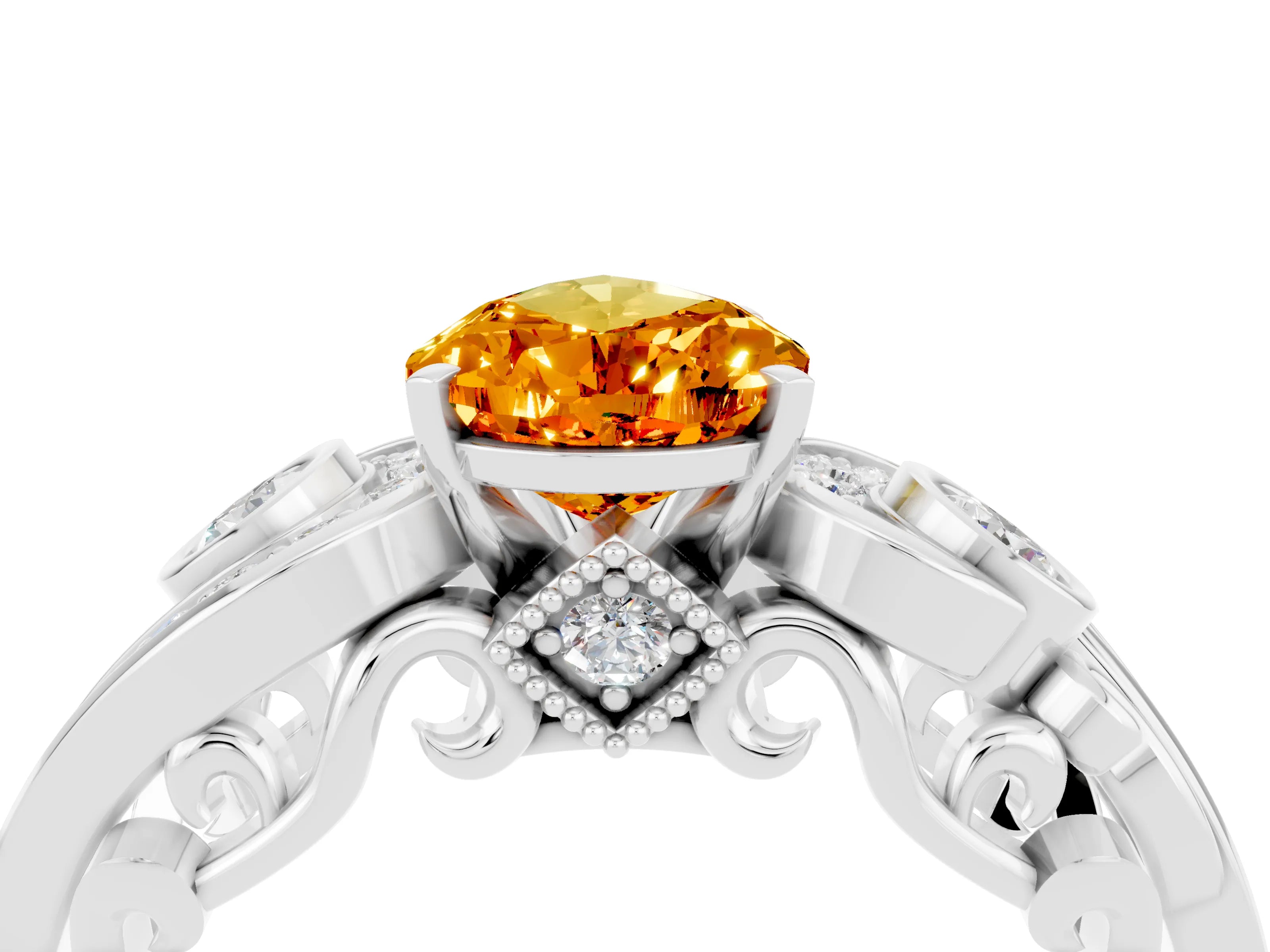 White gold Pear Cut Citrine Solitaire Ring with Milgrain Pavé Band and Four-Prong Setting_52