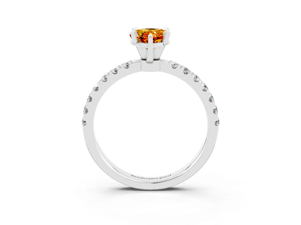 Platinum Pear Cut Citrine Solitaire Ring with Pavé Accents and Four-Prong Setting