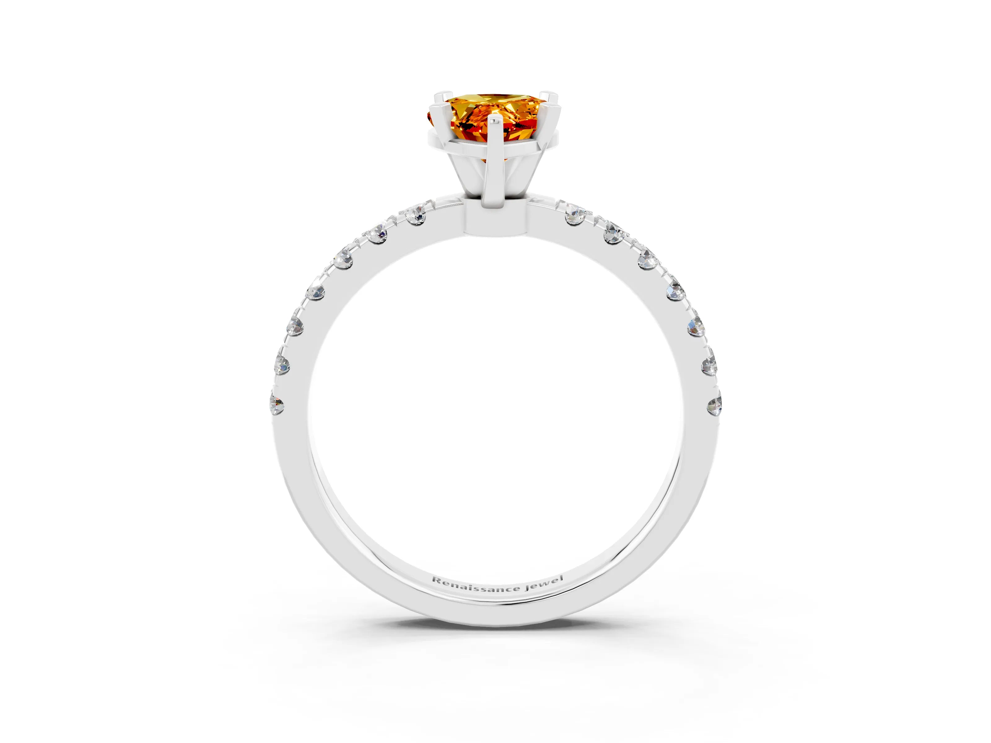 White gold Pear Cut Citrine Solitaire Ring with Pavé Accents and Four-Prong Setting_3