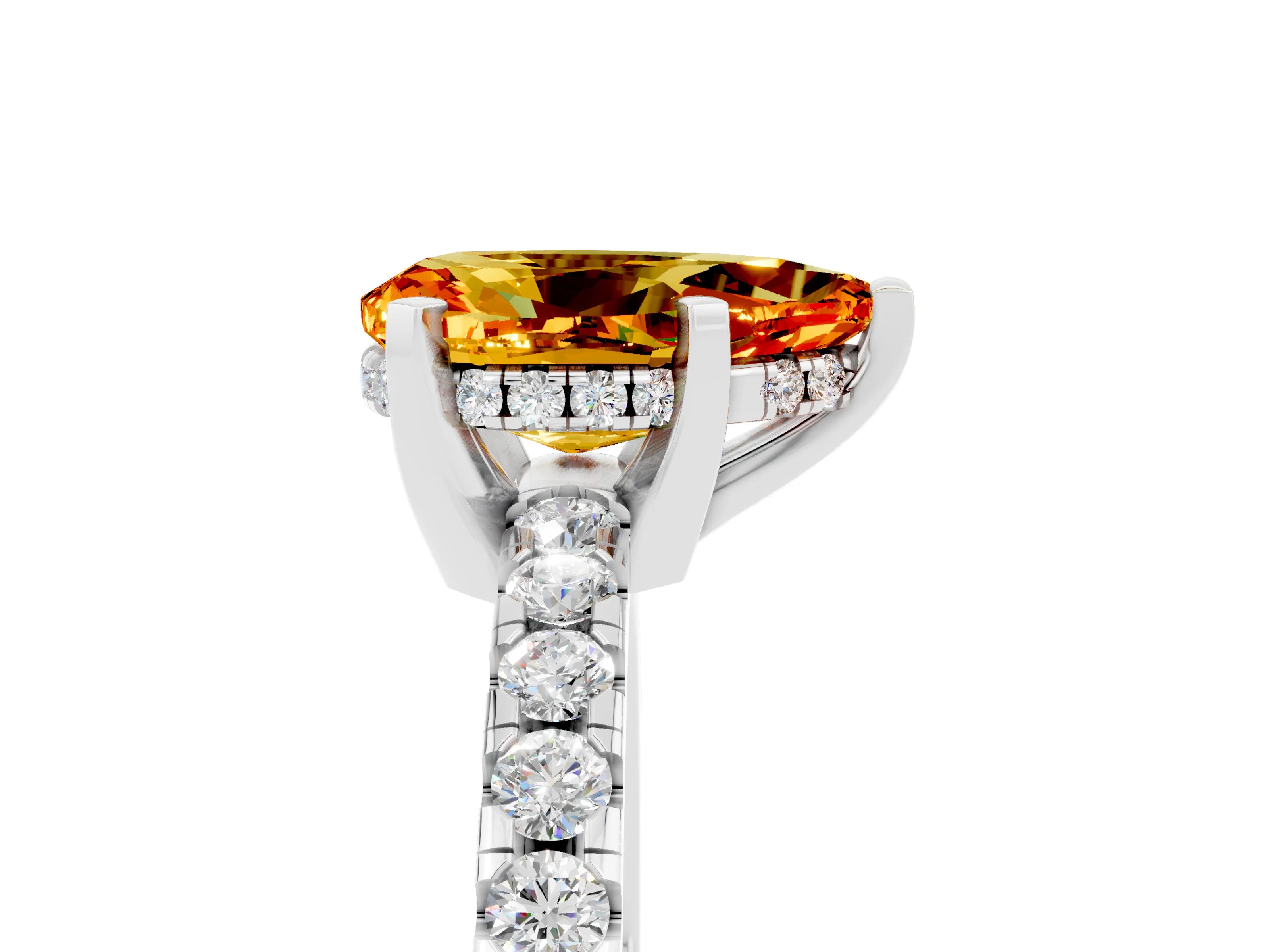 White gold Pear Cut Citrine Solitaire Ring with Pavé Band and Four-Prong Setting_17