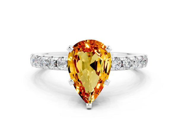 White gold Pear Cut Citrine Solitaire Ring with Round  Pavé Band and Four-Prong Setting