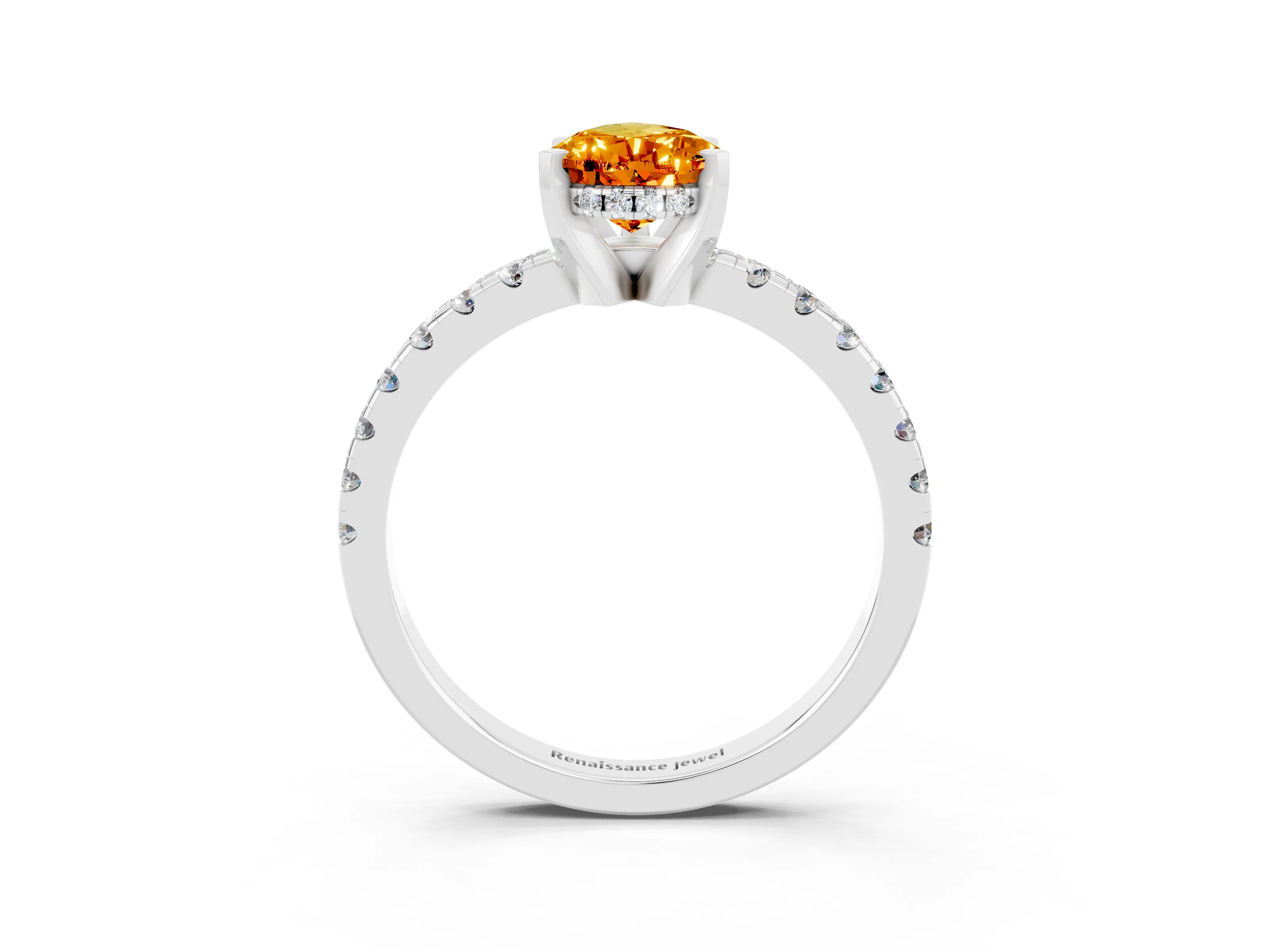 White gold Pear Cut Citrine Solitaire Ring with Pavé Band and Four-Prong Setting_27