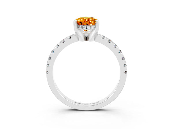 Silver Pear Cut Citrine Solitaire Ring with Round  Pavé Band and Four-Prong Setting