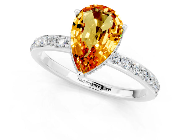 Platinum Pear Cut Citrine Solitaire Ring with Pavé Band and Hidden Halo