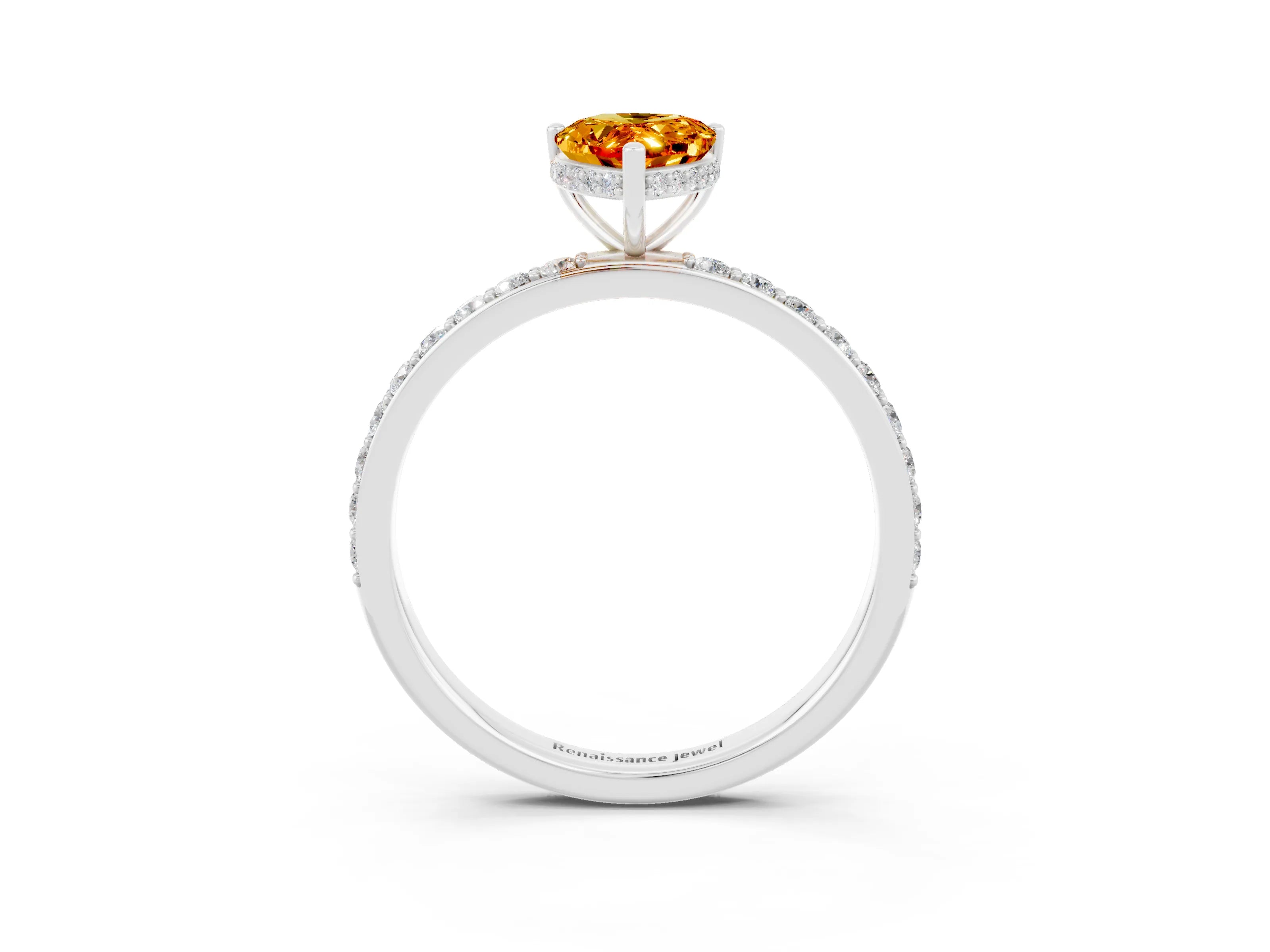 White gold Pear Cut Citrine Solitaire Ring with Pavé Band and Hidden Halo_27
