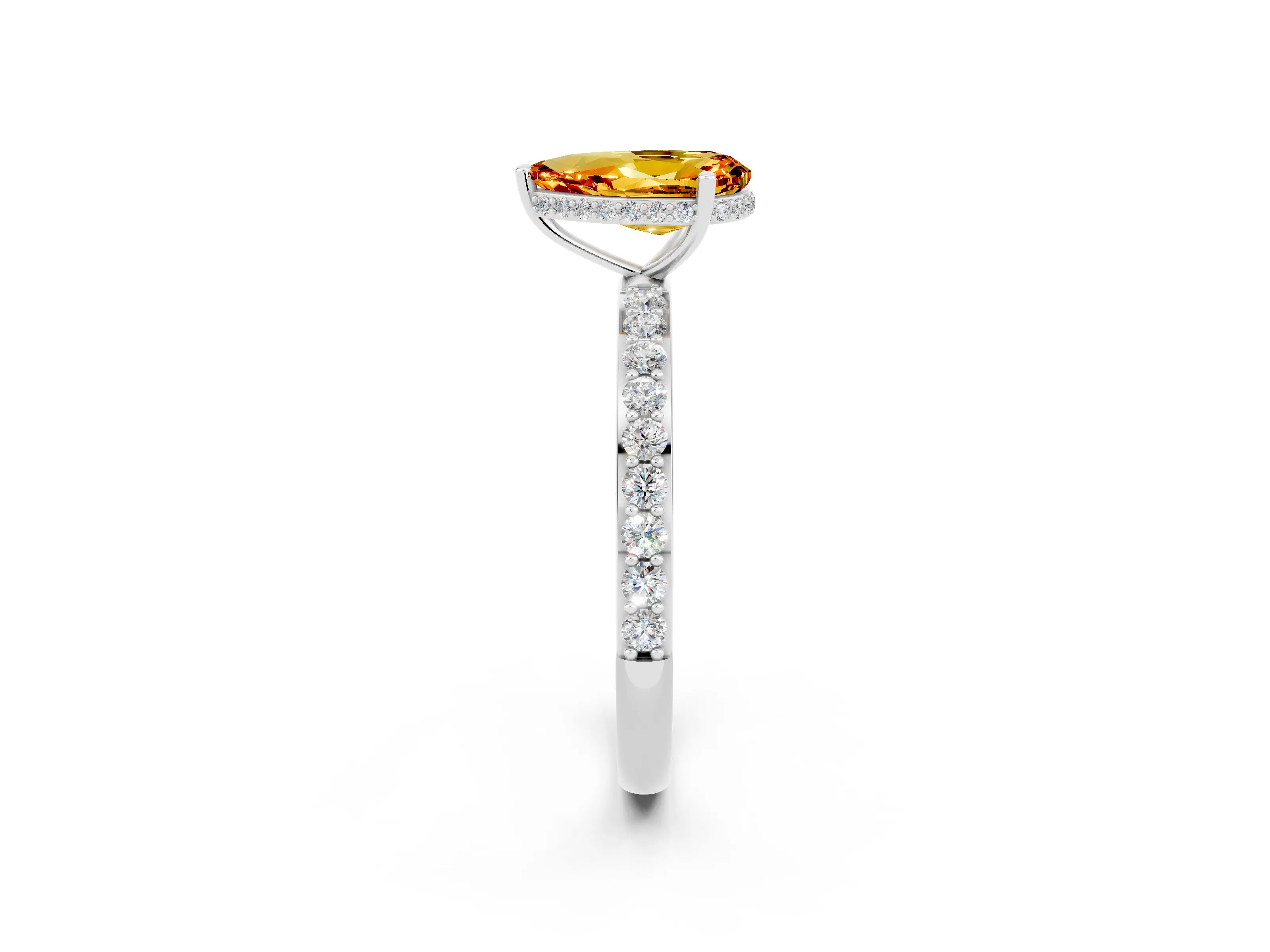 White gold Pear Cut Citrine Solitaire Ring with Pavé Band and Hidden Halo_2