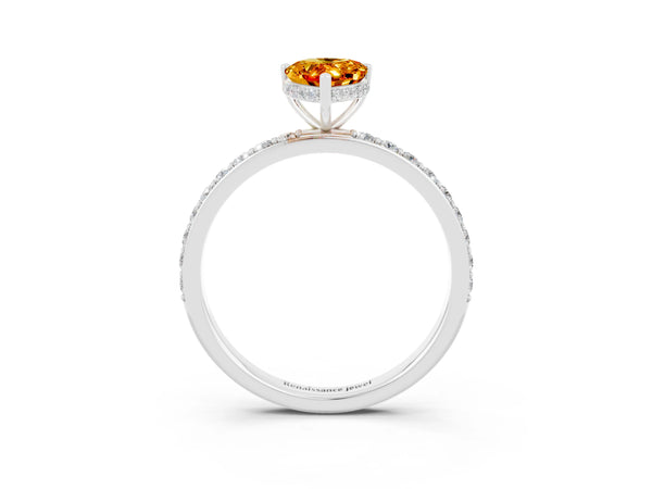 Platinum Pear Cut Citrine Solitaire Ring with Pavé Band and Hidden Halo