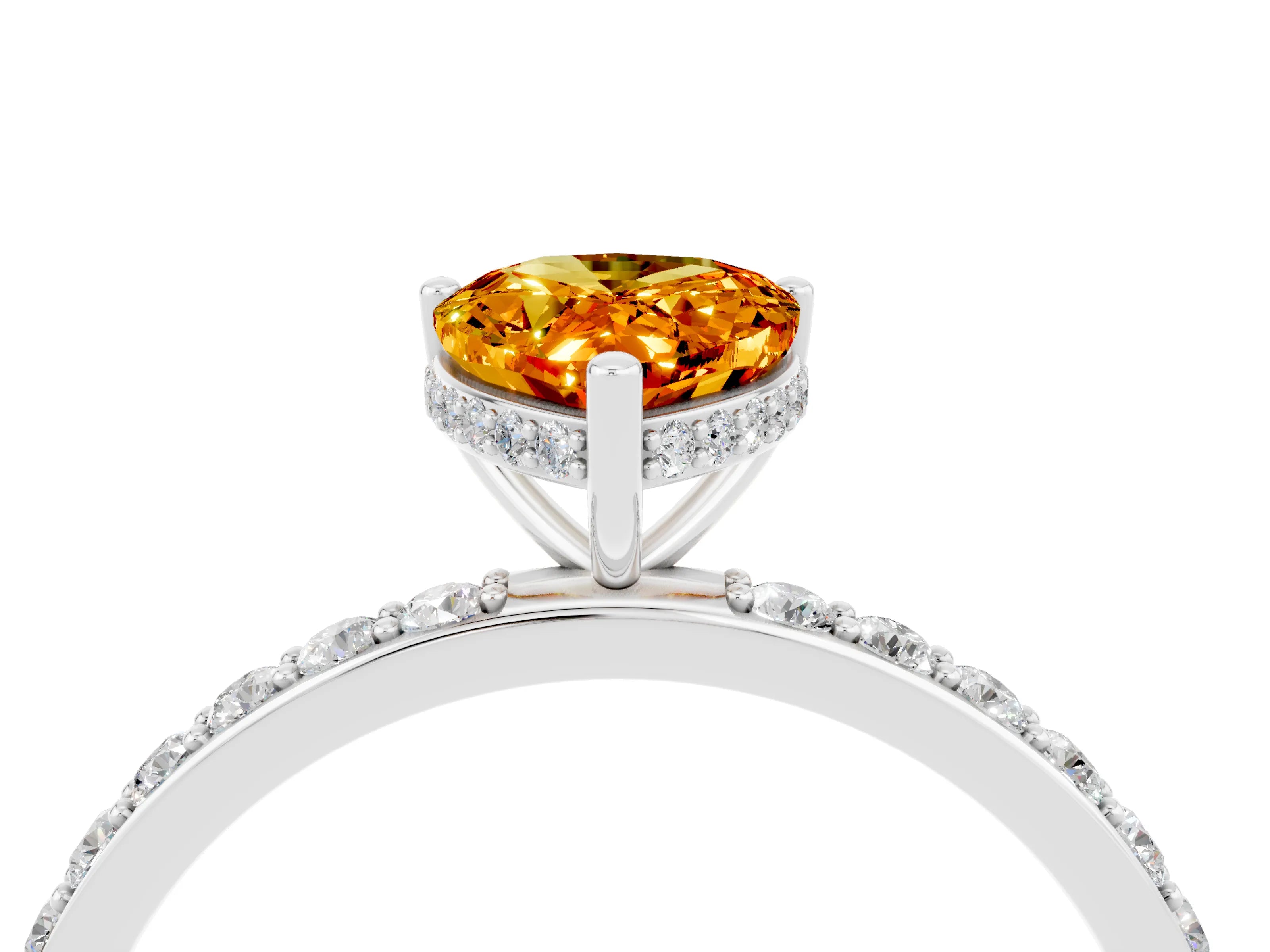 White gold Pear Cut Citrine Solitaire Ring with Pavé Band and Hidden Halo_4