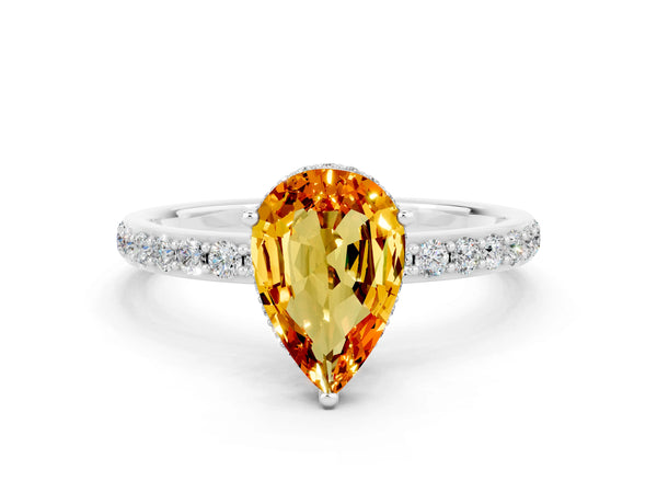 Silver Pear Cut Citrine Solitaire Ring with Pavé Band and Hidden Halo