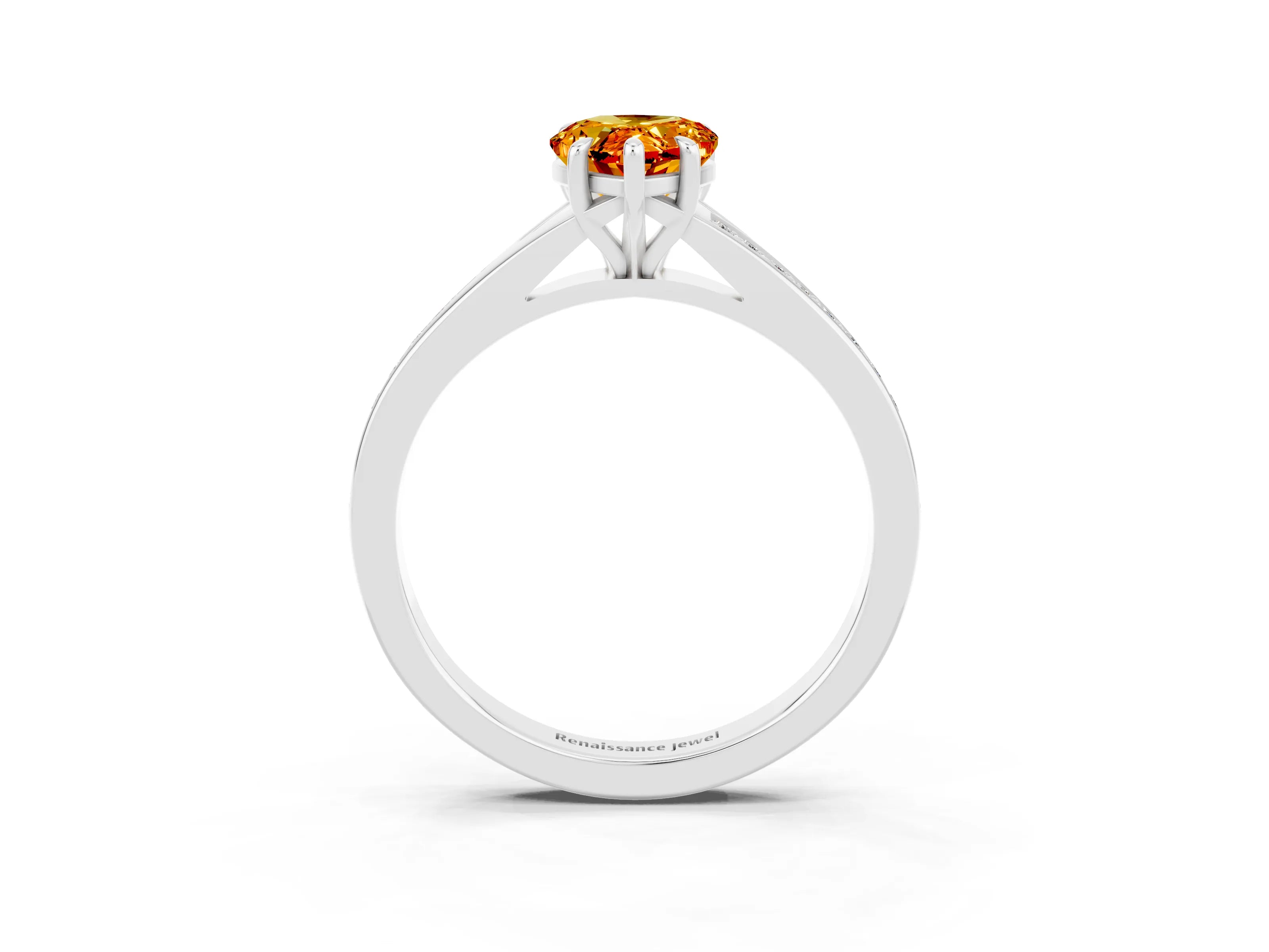 White gold Pear Cut Citrine Solitaire Ring with Pavé Band and Prong Setting_15