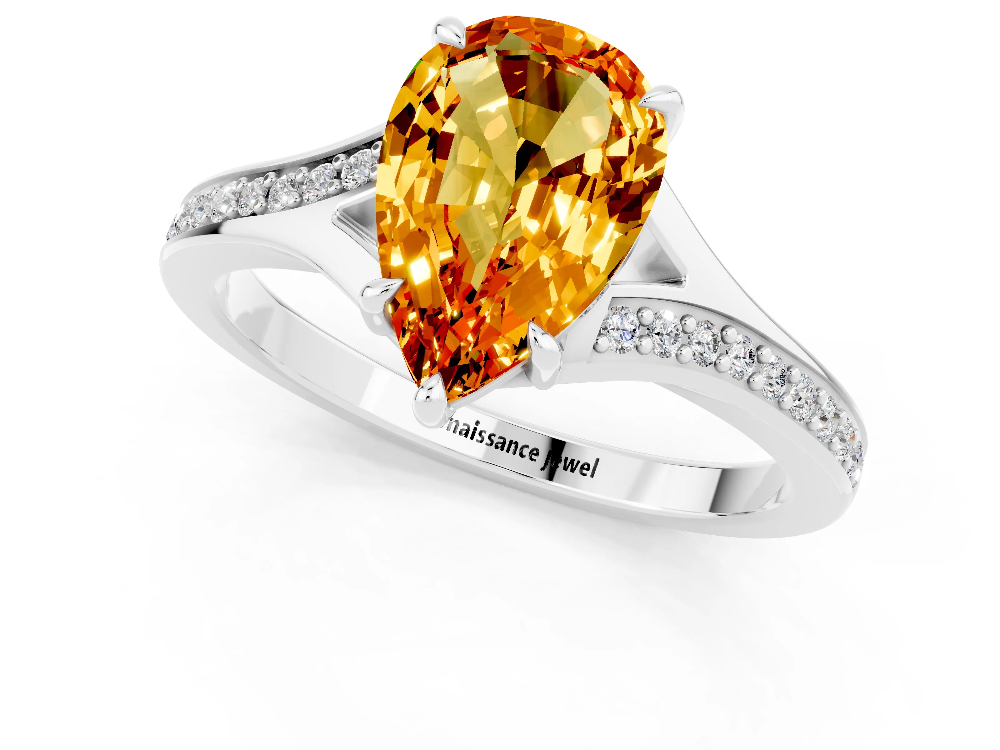 White gold Pear Cut Citrine Solitaire Ring with Pavé Band and Prong Setting_1