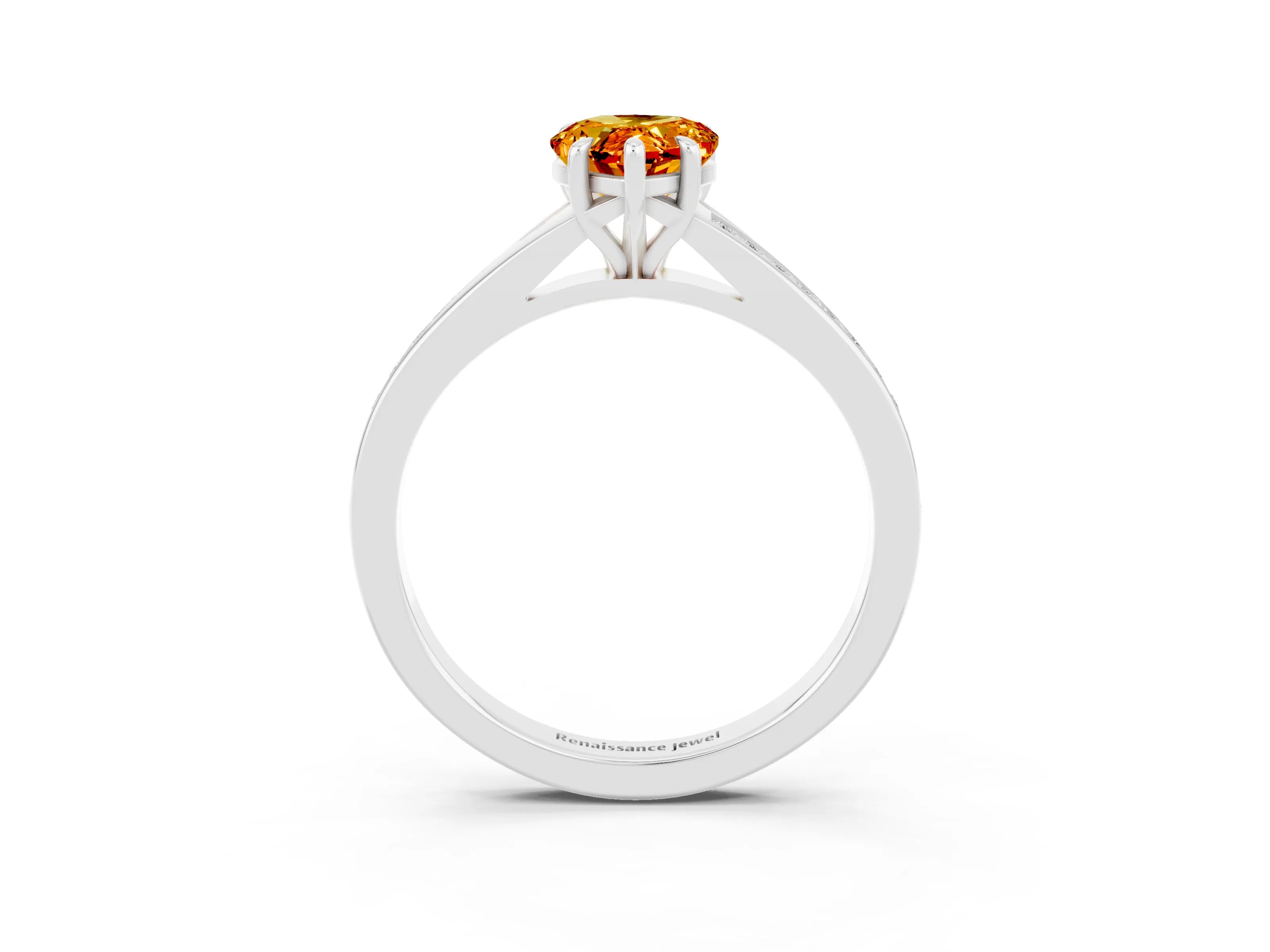White gold Pear Cut Citrine Solitaire Ring with Pavé Band and Prong Setting_3
