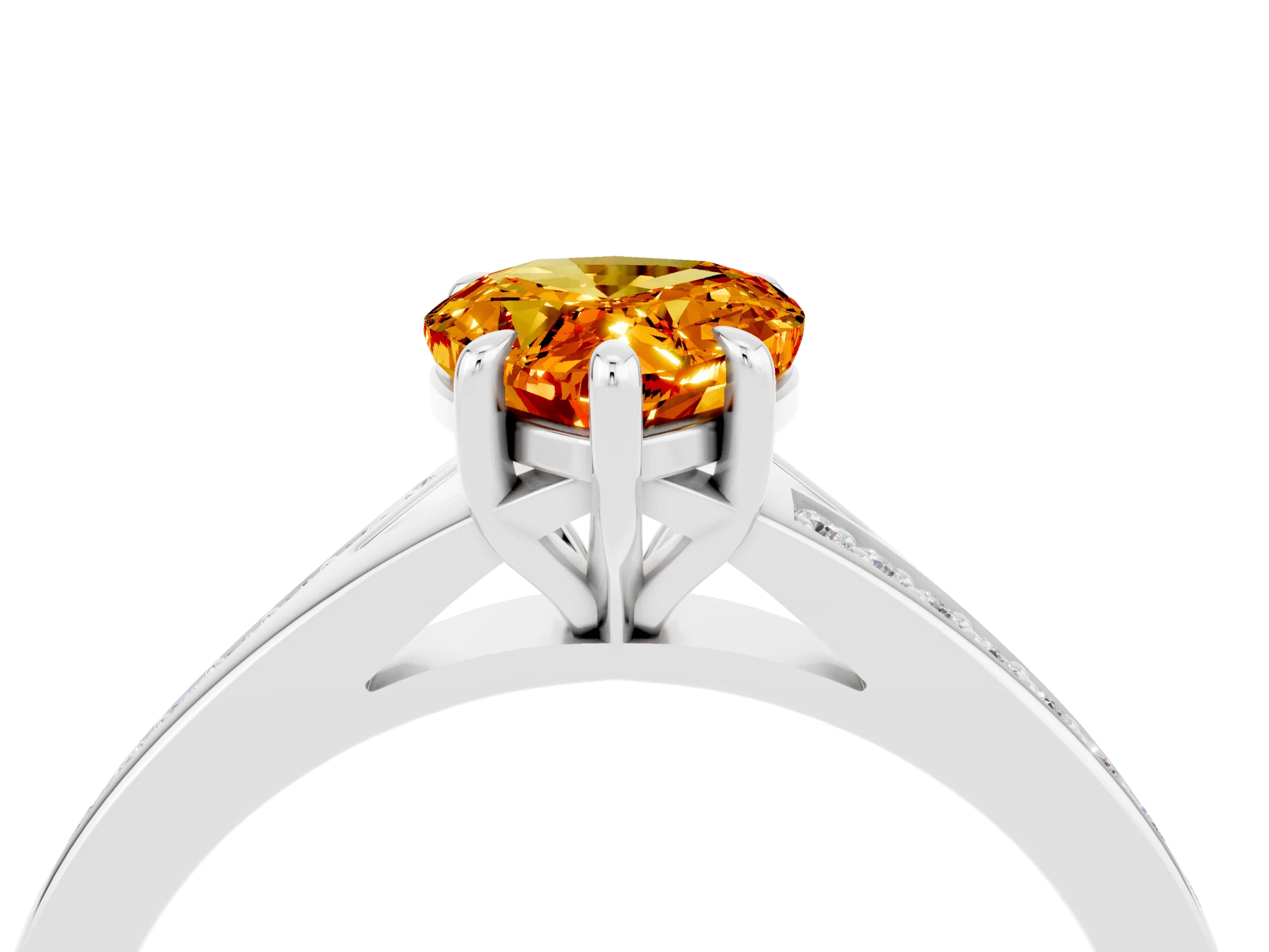 White gold Pear Cut Citrine Solitaire Ring with Pavé Band and Prong Setting_4