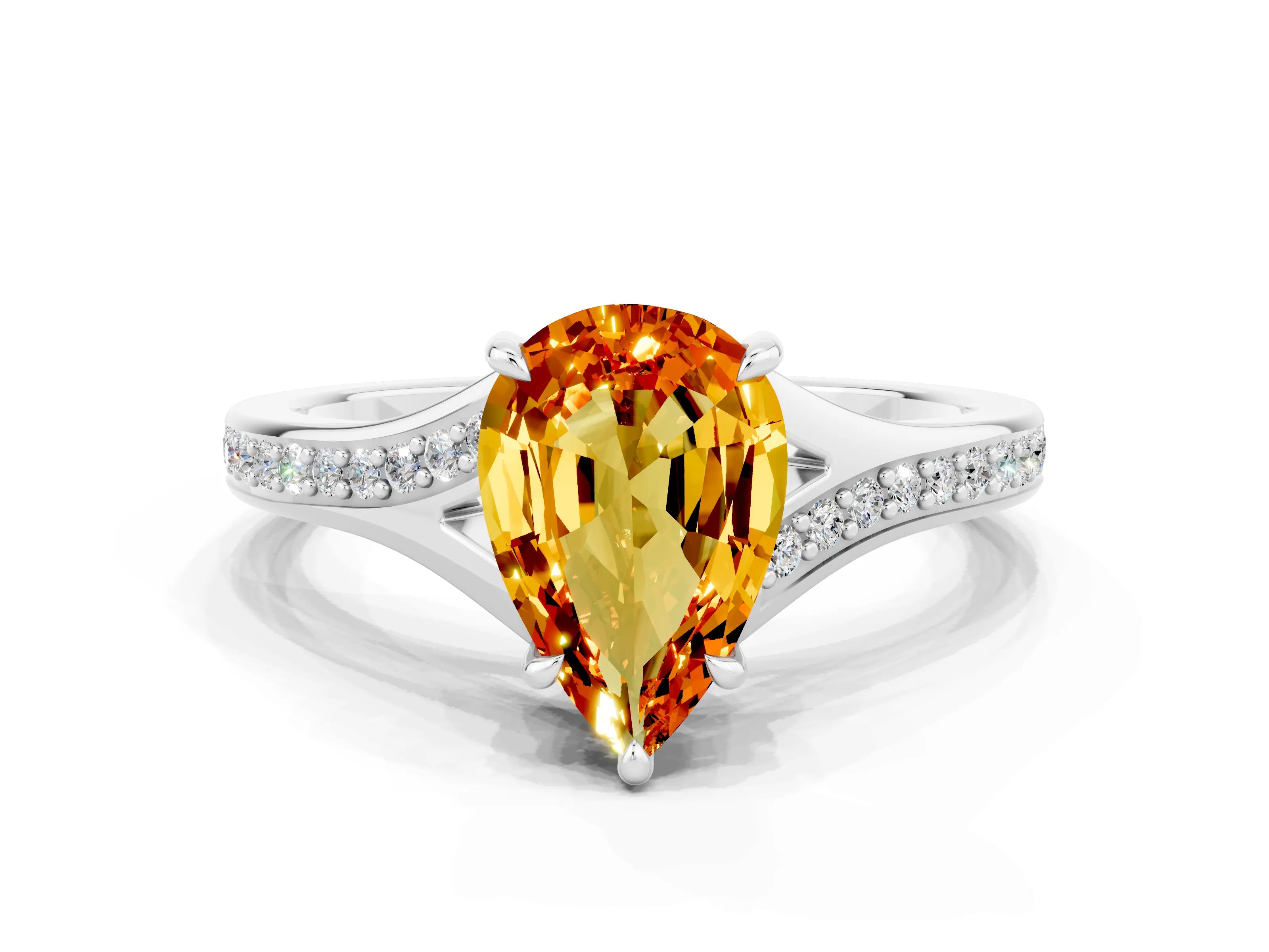 White gold Pear Cut Citrine Solitaire Ring with Pavé Band and Prong Setting