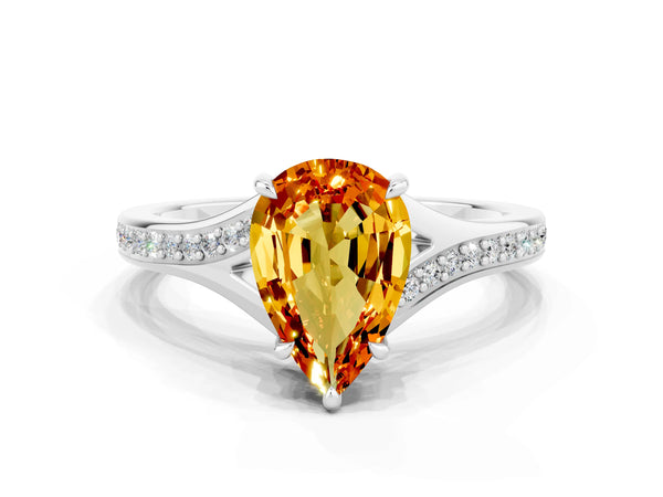 White gold Pear Cut Citrine Solitaire Ring with Pavé Band and Prong Setting
