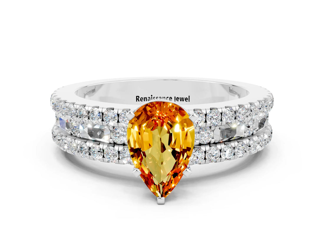 White gold Pear Cut Citrine Solitaire Ring with Pavé and Channel Set Band