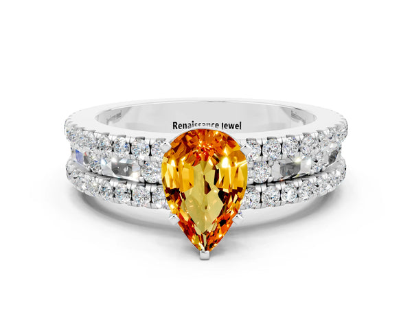 Platinum Pear Cut Citrine Solitaire Ring with Pavé and Channel Set Band
