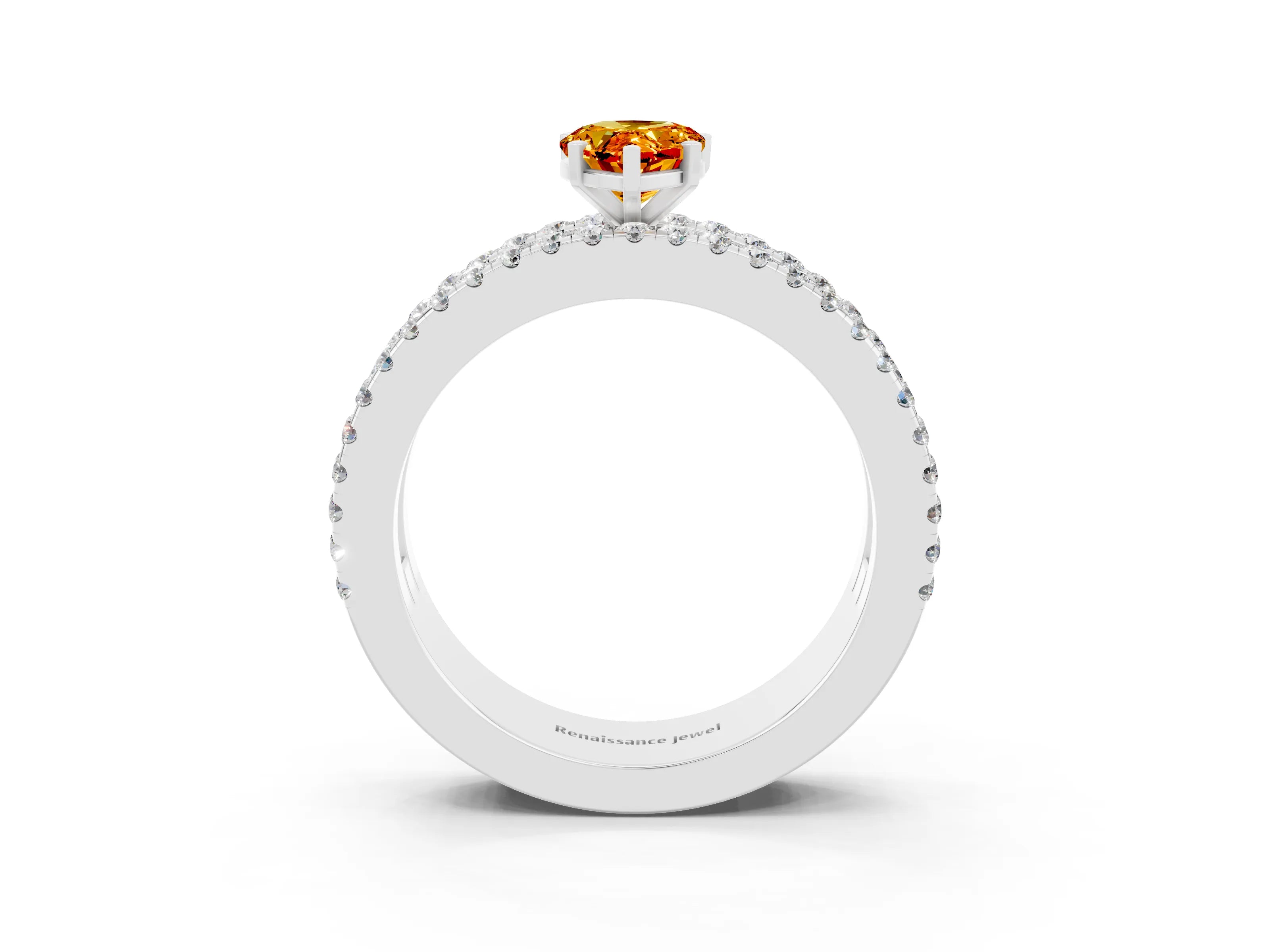 White gold Pear Cut Citrine Solitaire Ring with Pavé and Channel Set Band_3