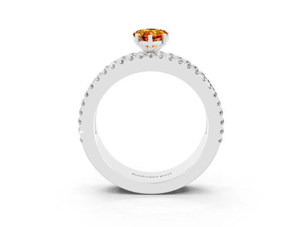 White gold Pear Cut Citrine Solitaire Ring with Pavé and Channel Set Band