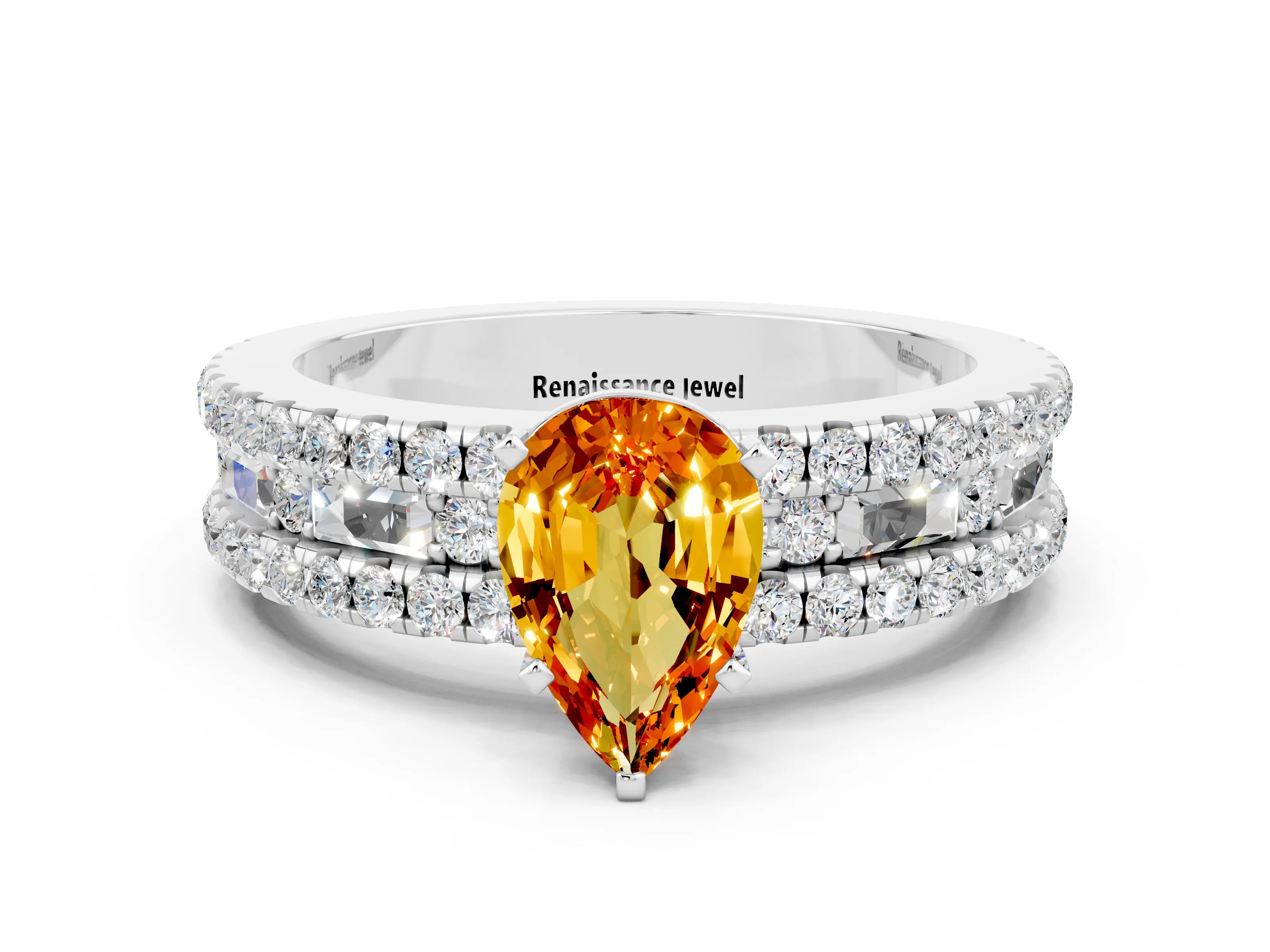 White gold Pear Cut Citrine Solitaire Ring with Pavé and Channel Set Band