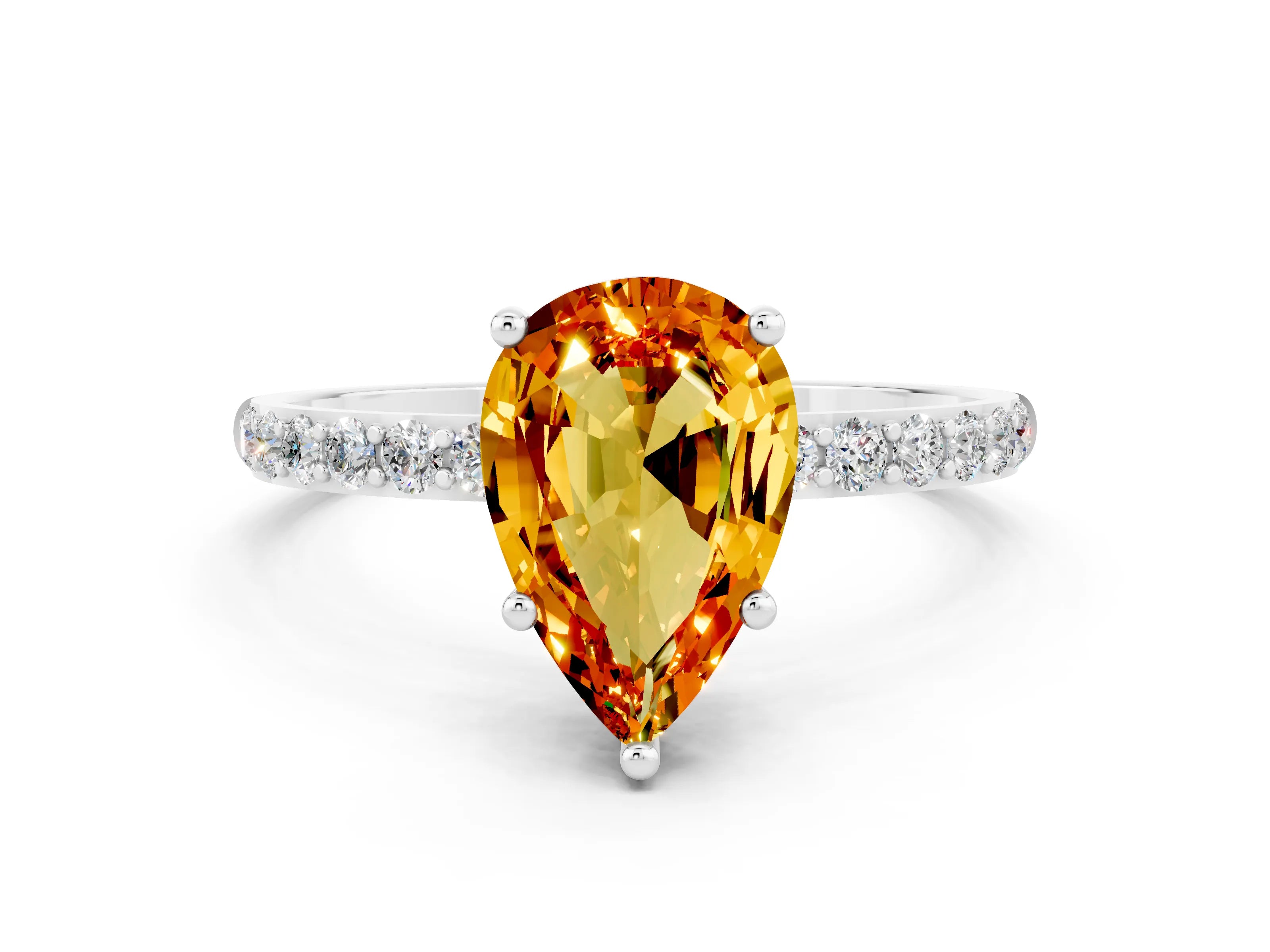 White gold Pear Cut Citrine Solitaire Ring with Pave Band and Four Prong Setting_12