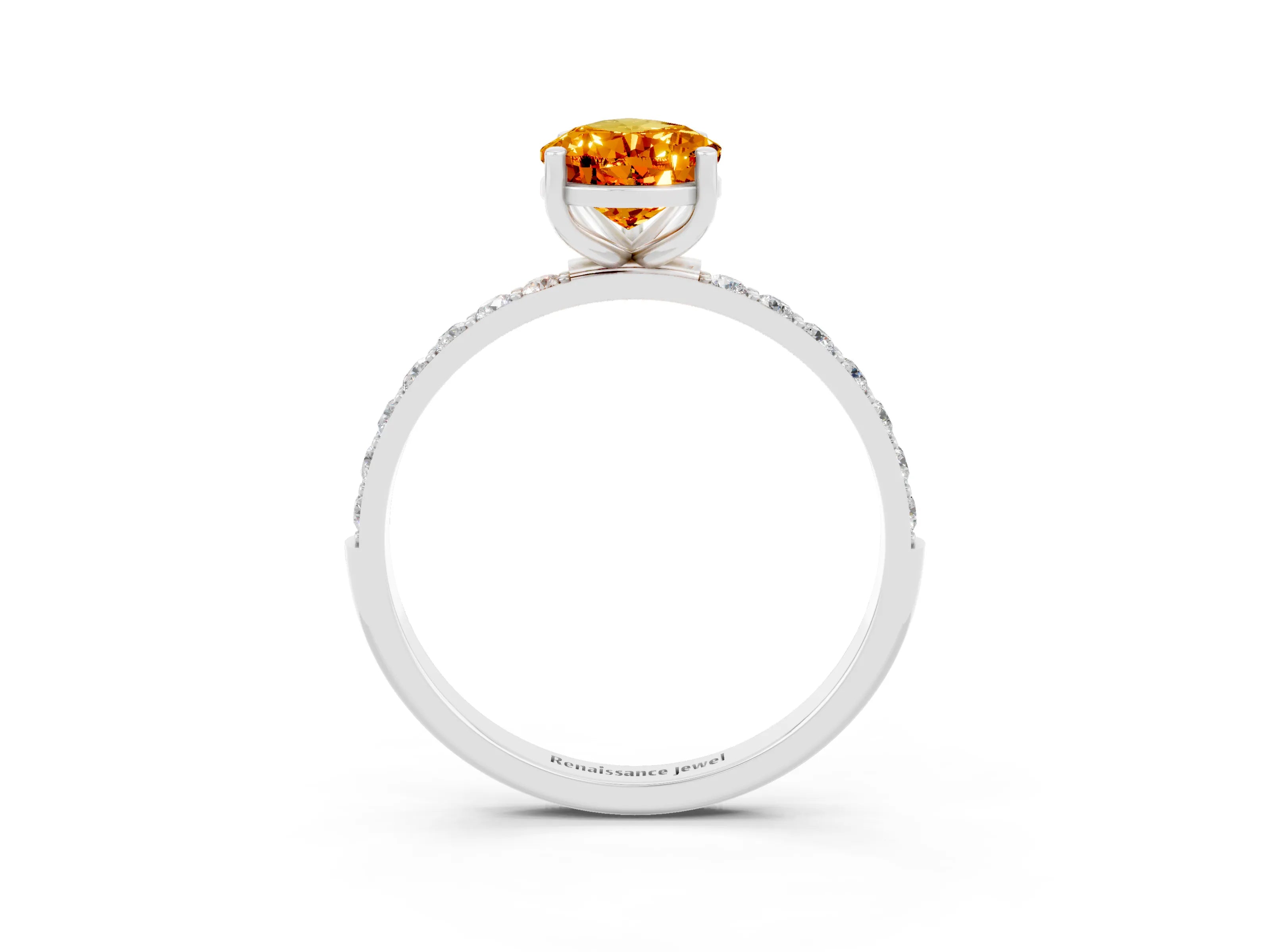 White gold Pear Cut Citrine Solitaire Ring with Pave Band and Four Prong Setting_15