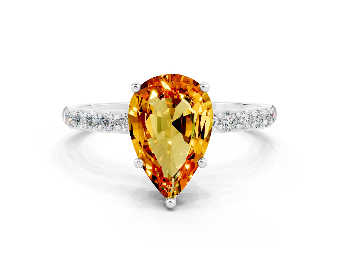 White gold Pear Cut Citrine Solitaire Ring with Pave Band and Four Prong Setting_24
